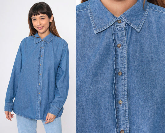 90s Vos Sports Blue Denim Button-Up Shirt Cotton Long Sleeve Extra Large XXL