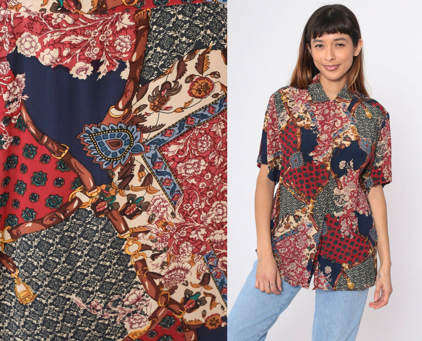 90s Amanda Italy Silk Blouse Patchwork Floral Equestrian Print Navy Medium