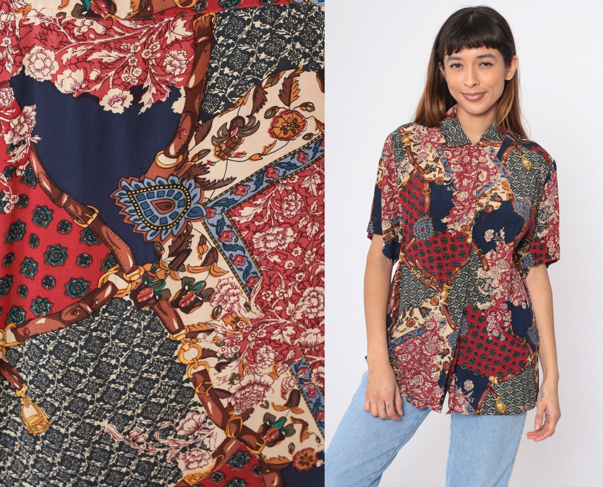 90s Amanda Italy Silk Blouse Patchwork Floral Equestrian Print Navy Medium