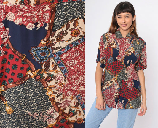 90s Amanda Italy Silk Blouse Patchwork Floral Equestrian Print Navy Medium