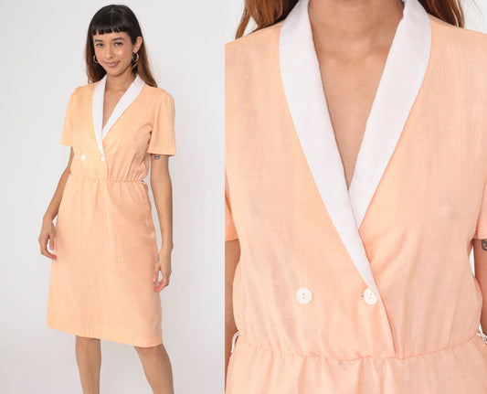 80s Peach Wrap Dress Midi Double Breasted Puff Sleeve Secretary Medium