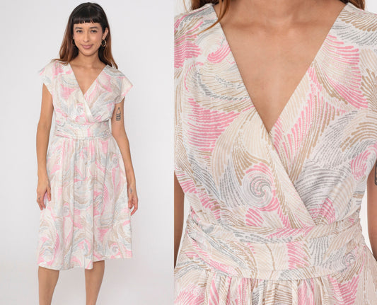 70s Wrap Dress Swirl Print Midi V-Neck High Waist Cap Sleeve White Pink Tan Medium