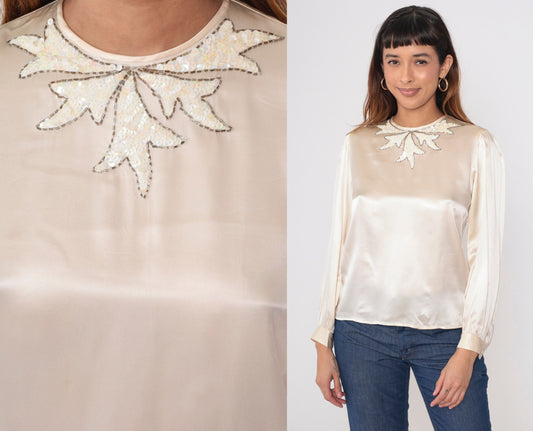 80s Lloyd Williams Silk Blouse Cream Sequin Leaf Beaded Puff Sleeve Medium