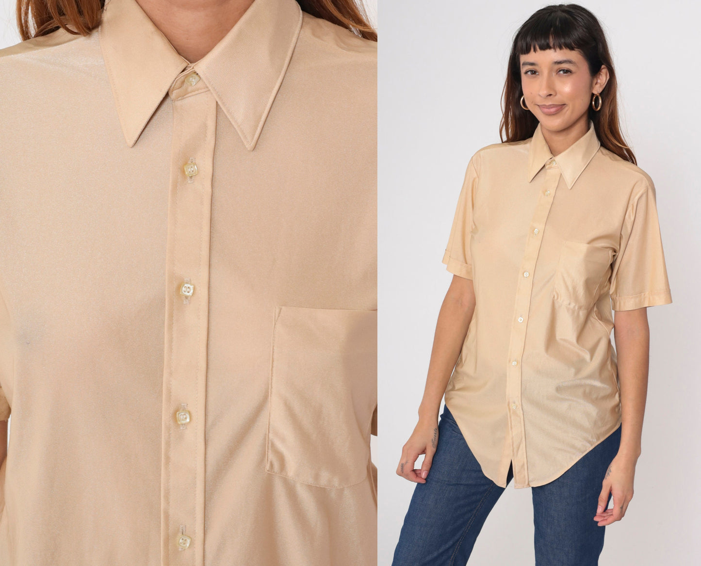 70s Tarleton Shimmery Beige Button-Up Shirt Dagger Collar Short Sleeve Men's 15