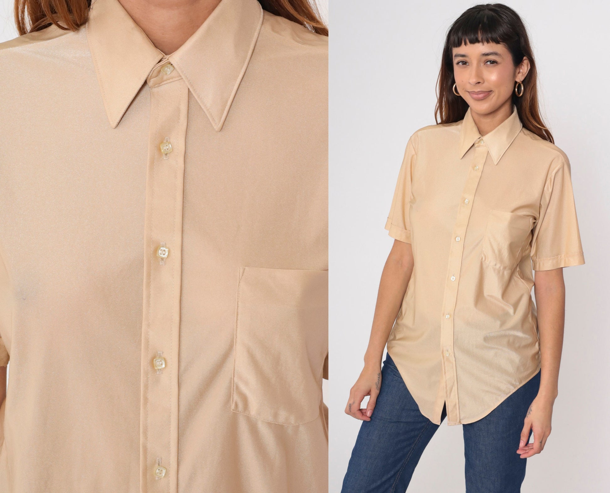70s Tarleton Shimmery Beige Button-Up Shirt Dagger Collar Short Sleeve Men's 15