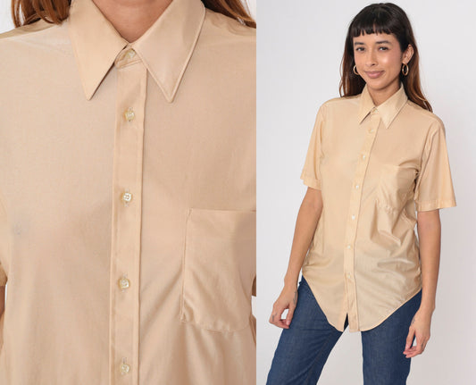 70s Tarleton Shimmery Beige Button-Up Shirt Dagger Collar Short Sleeve Men's 15