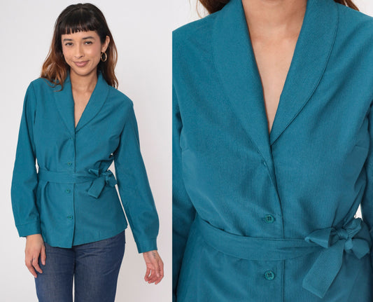 70s Teal Blue Belted Shawl Collar Jacket Ribbed Button Up Medium