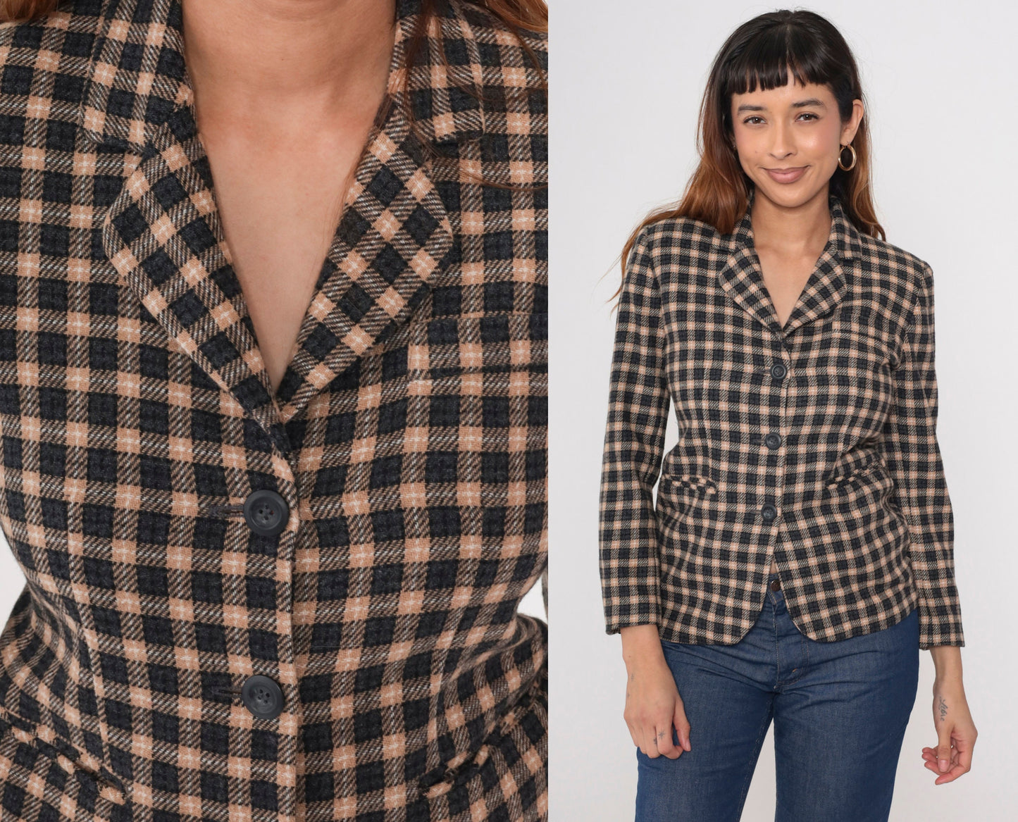 90s Petite Sophisticate Black Tan Checkered Wool Blazer Button-Up Jacket Extra Small