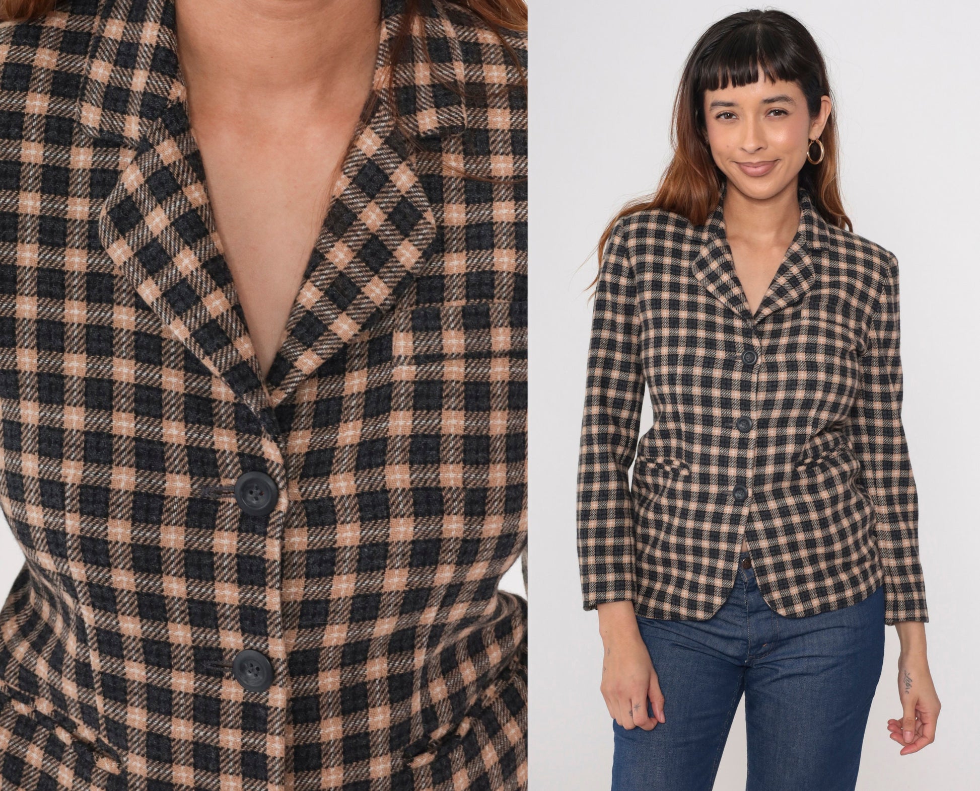 90s Petite Sophisticate Black Tan Checkered Wool Blazer Button-Up Jacket Extra Small