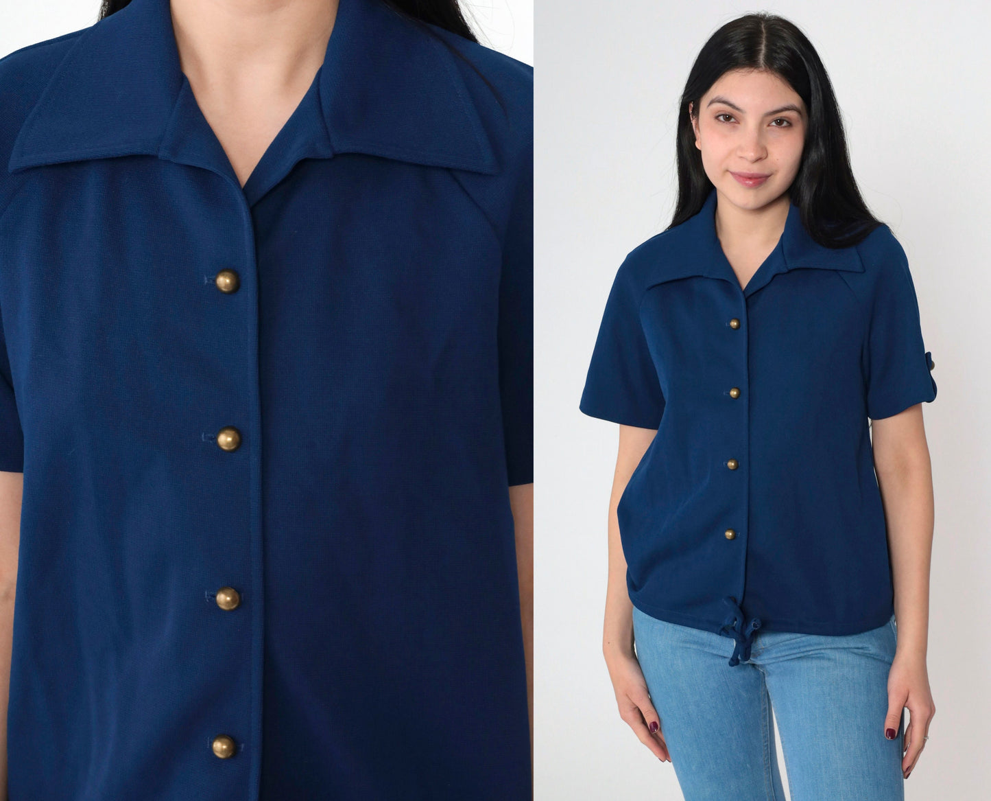 70s Navy Wing Collar Button-Up Blouse Short Roll Tab Sleeve Tie Front Medium