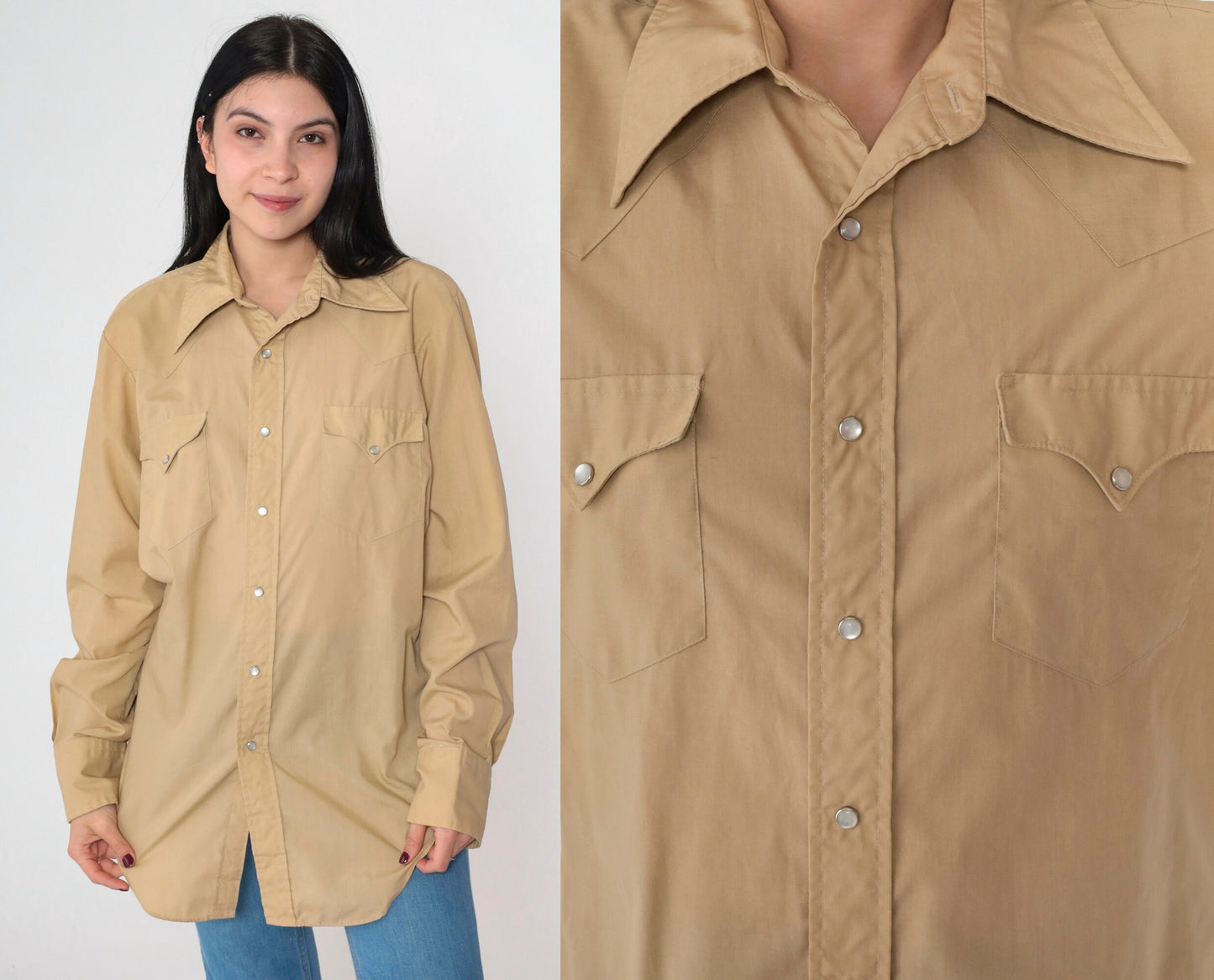 80s Miller Western Pearl Snap Shirt Tan Long Sleeve Button Up Mens Medium
