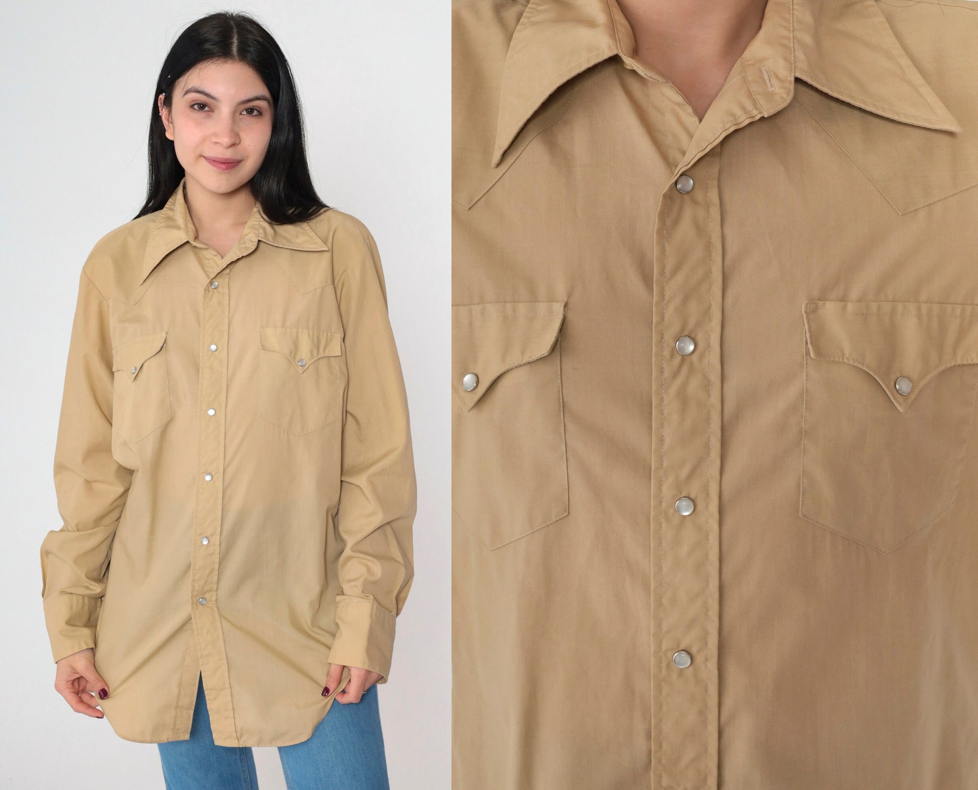 80s Miller Western Pearl Snap Shirt Tan Long Sleeve Button Up Mens Medium