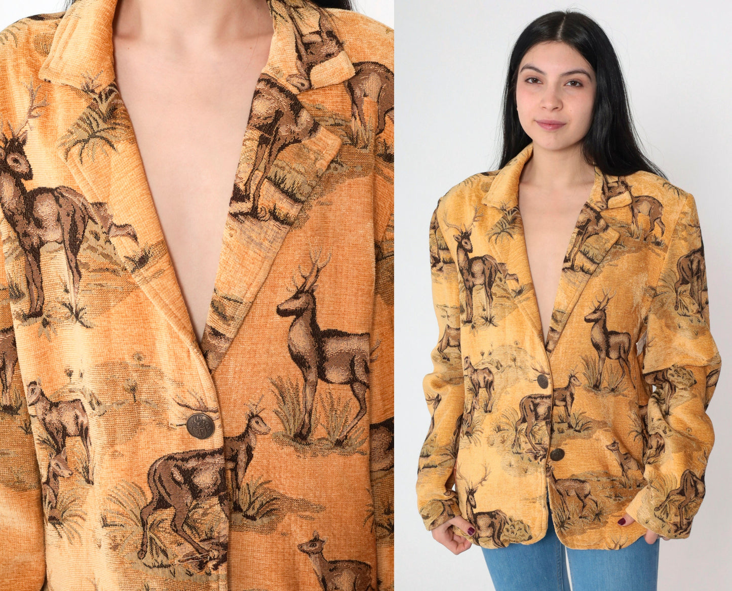 90s Solei Deer Jacket Single Button Blazer Woven Animal Print Large L