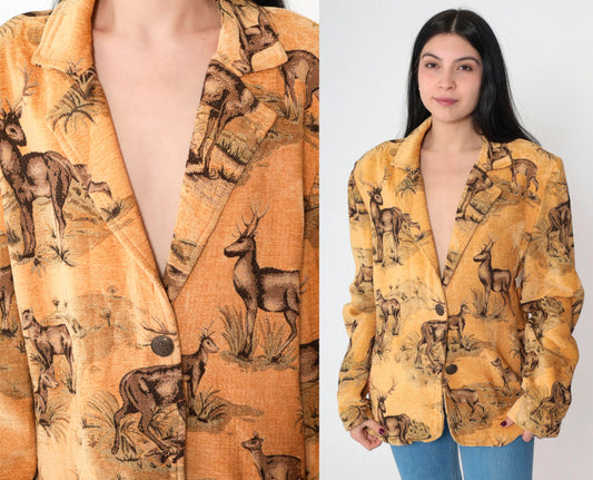 90s Solei Deer Jacket Single Button Blazer Woven Animal Print Large L