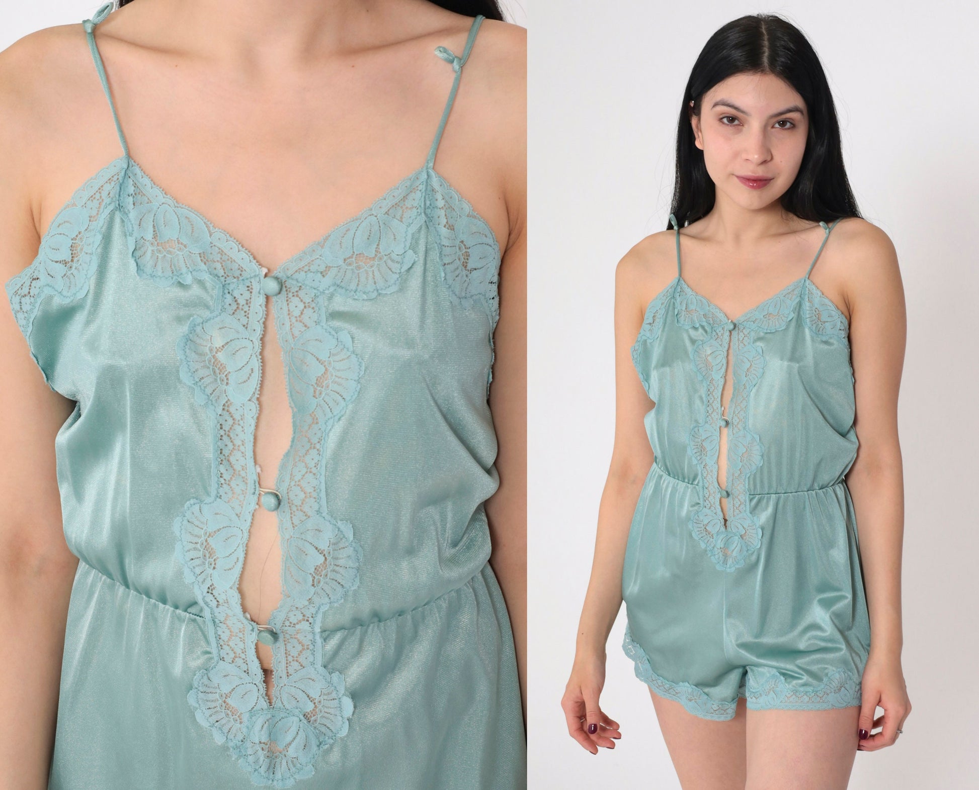 80s Seafoam Lace Teddy Lingerie Button-Up Bodysuit Medium