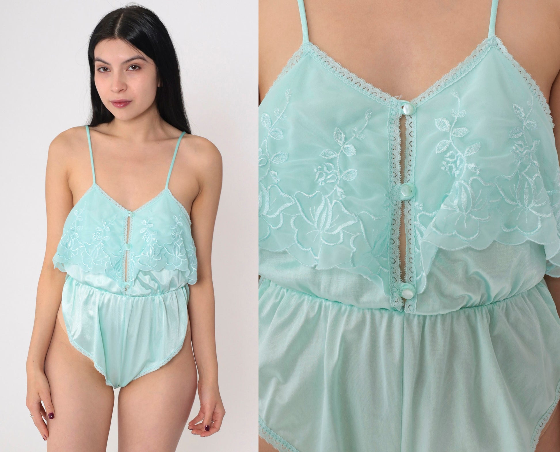 80s Seafoam Green Floral Embroidered Teddy Lingerie Bodysuit Small