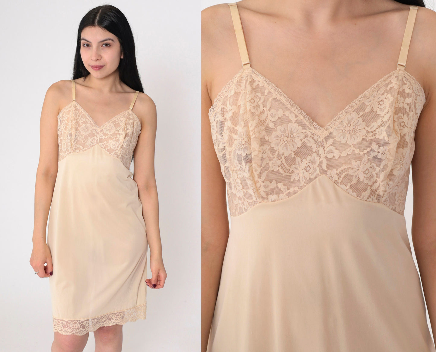 70s Vanity Fair Beige Lace Slip Dress Empire Waist Mini Small