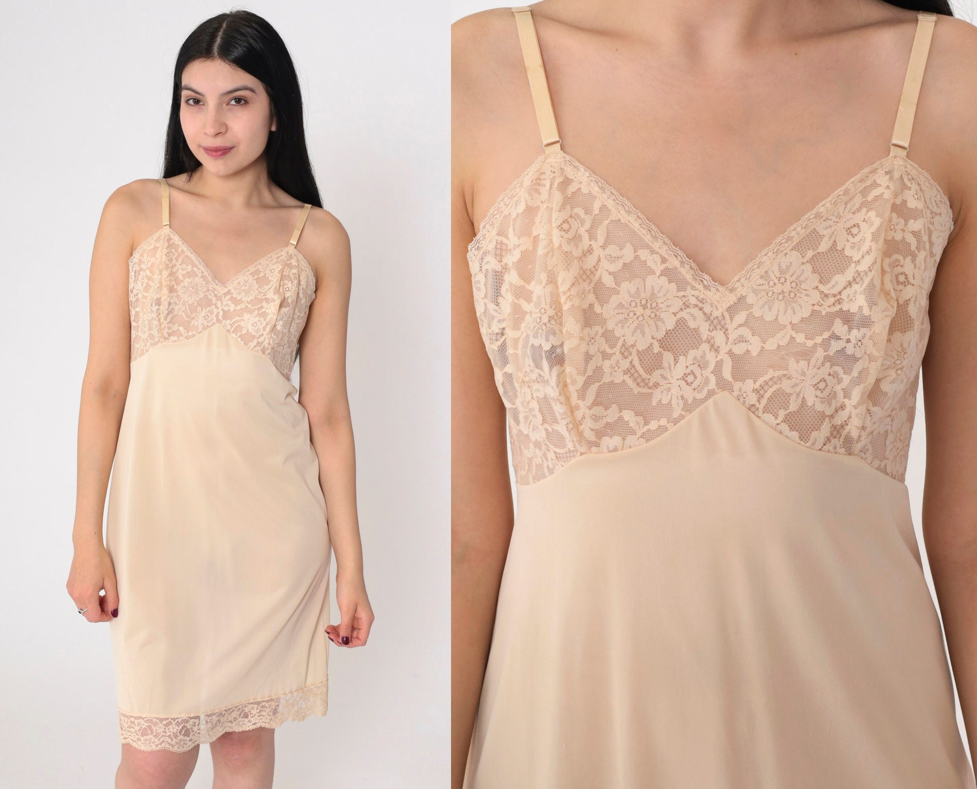 70s Vanity Fair Beige Lace Slip Dress Empire Waist Mini Small