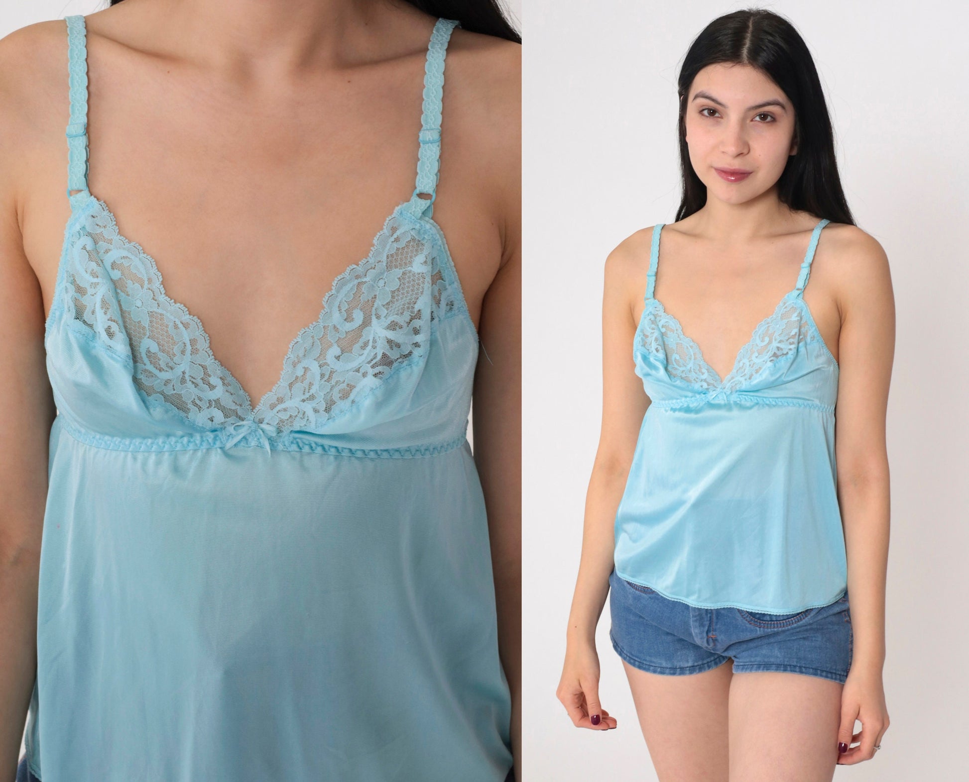 80s Blue Lace Camisole Empire Waist Tank Top Sheer Small