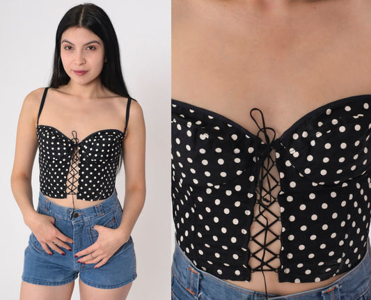 80s Emil Bole Polka Dot Bustier Crop Top Black White Lace Up Small