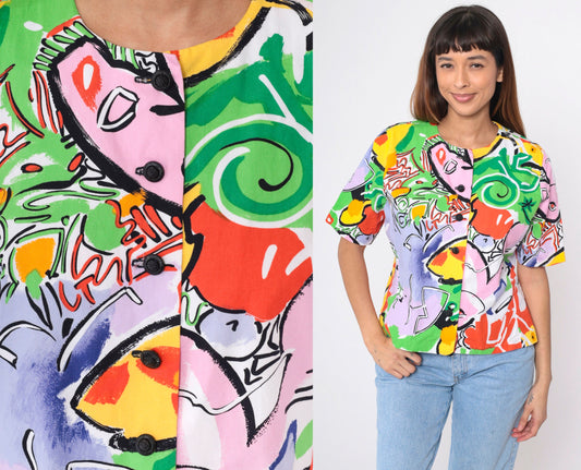 90s Abstract Tropical Button-Up Blouse Multicolor Geometric Print Medium