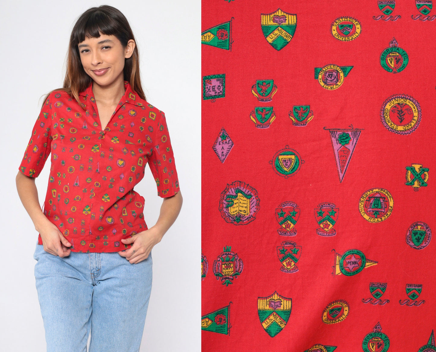 70s Heraldic Crest Print Blouse Red Collegiate Military V-Neck Small S