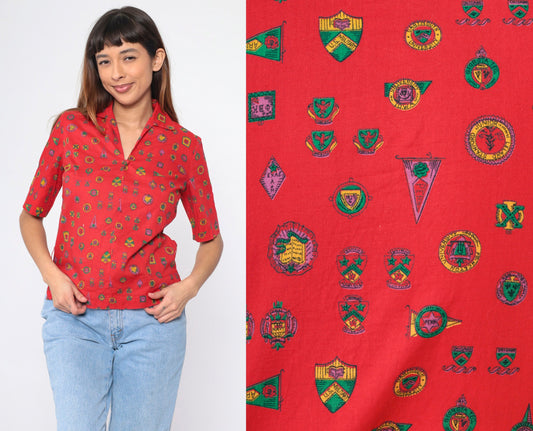 70s Heraldic Crest Print Blouse Red Collegiate Military V-Neck Small S