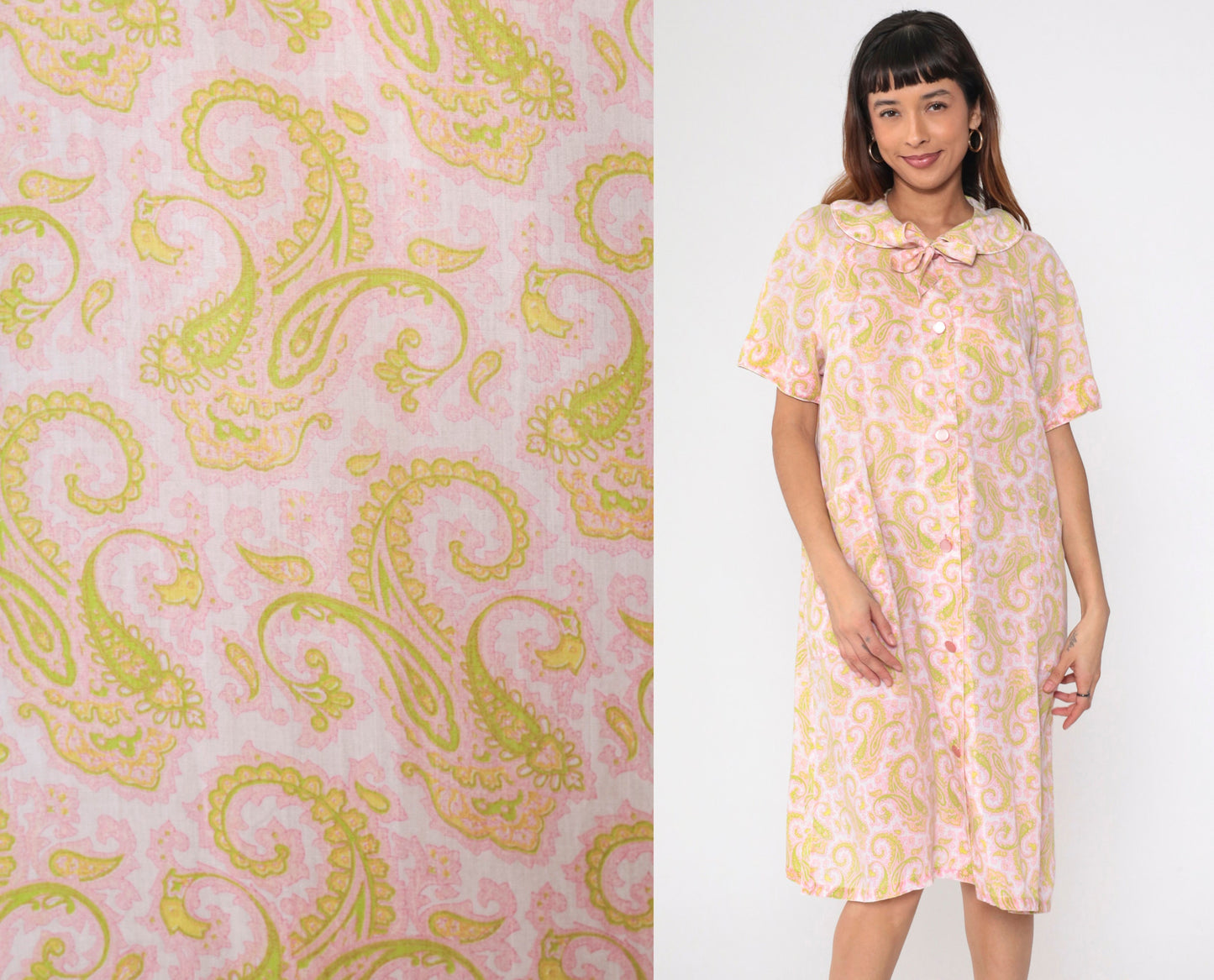 60s Paisley Nightgown Peter Pan Collar Button-Up Midi Shift Dress Pink Green Large L