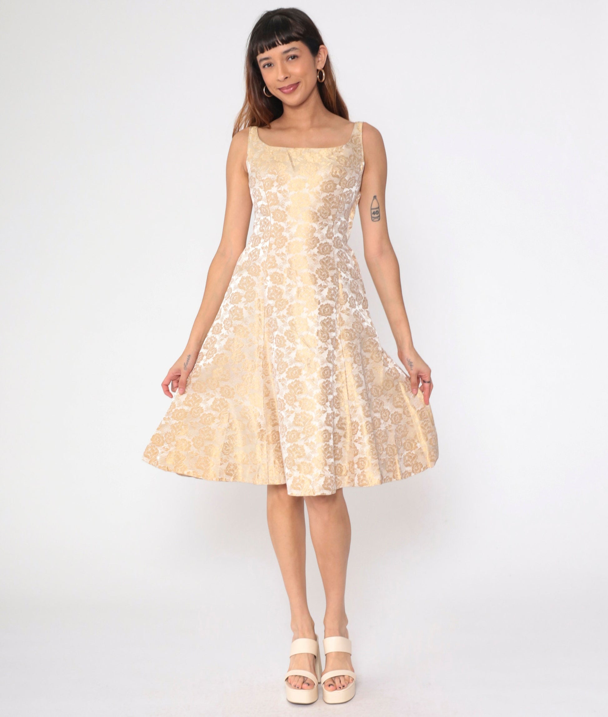 60s Metallic Champagne Floral Brocade Dress Sleeveless Fit Flare Knee Length Small