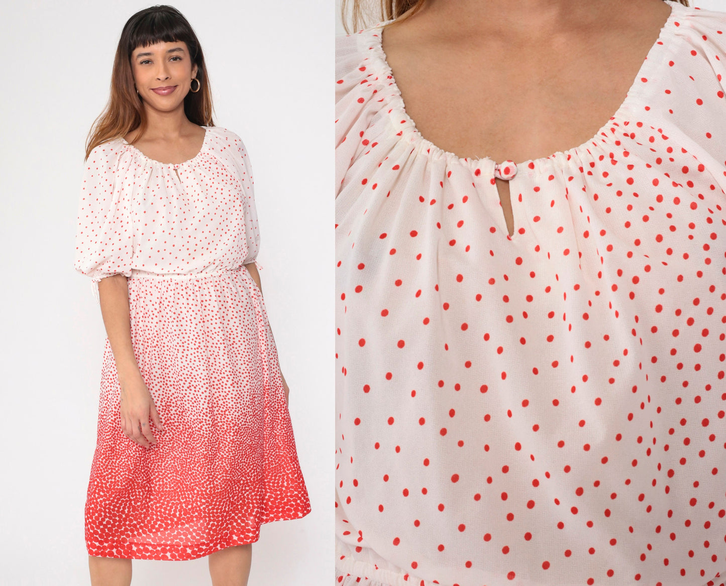 70s Peasant Dress Polka Dot Red White Midi Keyhole Neck Medium