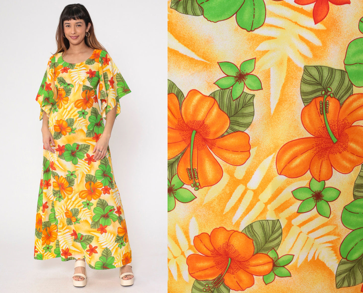70s Pomare Hawaiian Floral Maxi Dress Angel Sleeve Empire Waist Small