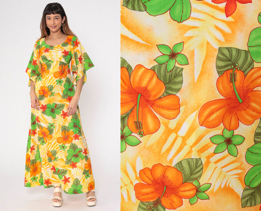 70s Pomare Hawaiian Floral Maxi Dress Angel Sleeve Empire Waist Small