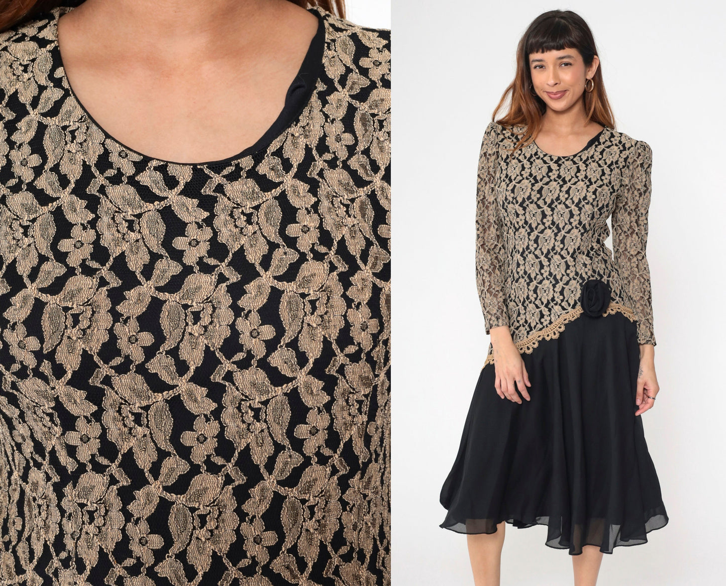 80s Black Tan Lace Chiffon Midi Dress Puff Sleeve Drop Waist Medium