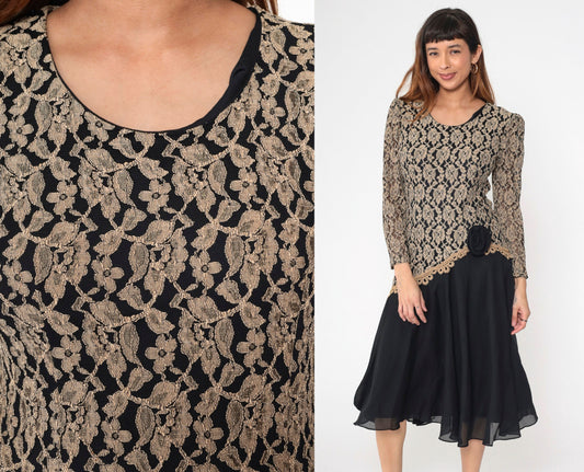 80s Black Tan Lace Chiffon Midi Dress Puff Sleeve Drop Waist Medium