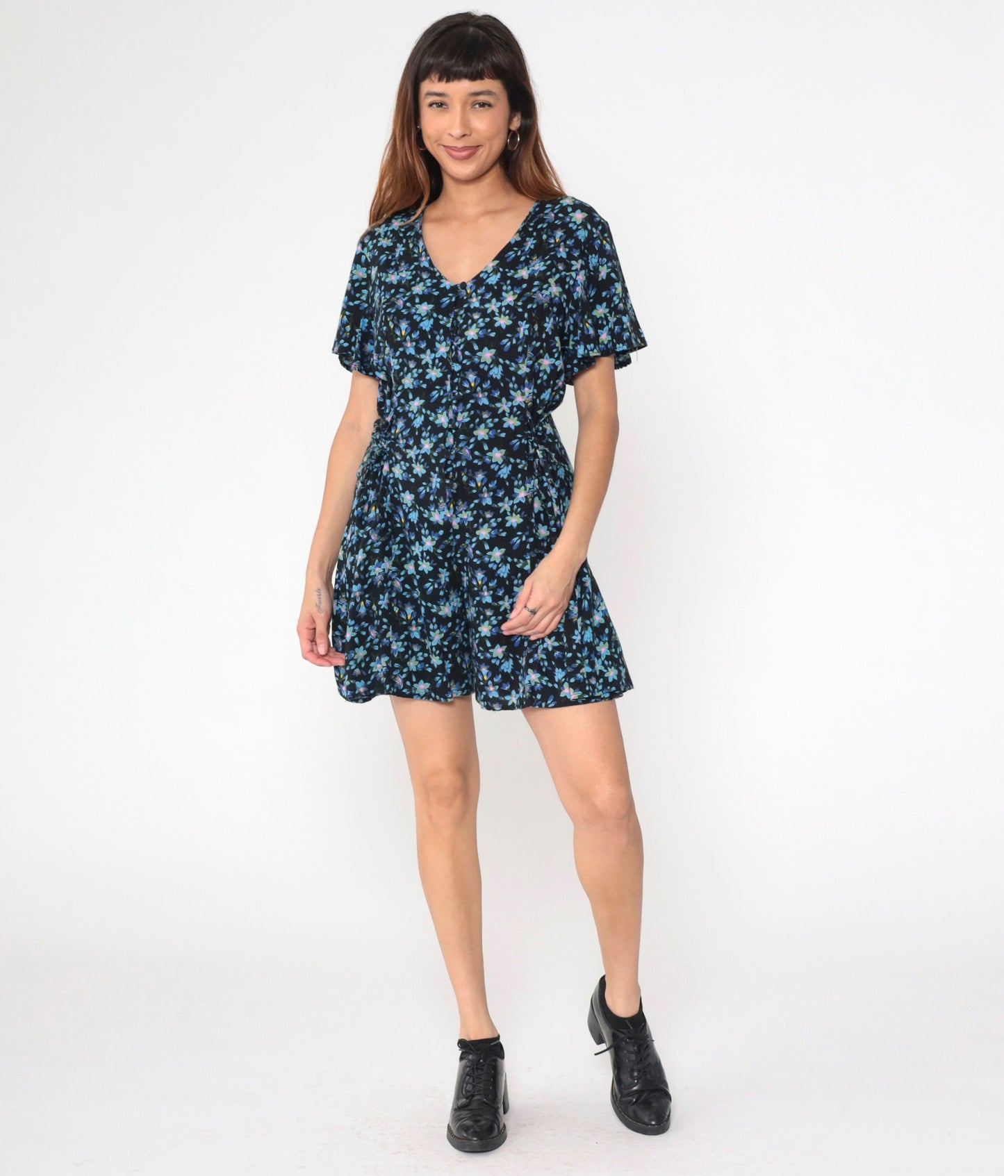 90s Lauren Brooke Floral Romper Black Blue Button Up Wide Leg Medium
