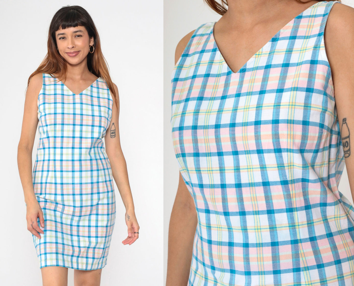 90s Tommy Hilfiger Checkered Mini Dress V Neck Sheath White Blue Pink Small
