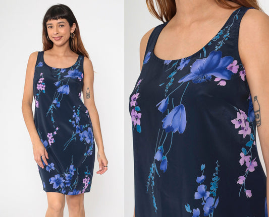 90s Hillard & Hanson Floral Mini Shift Dress Navy Sleeveless Small