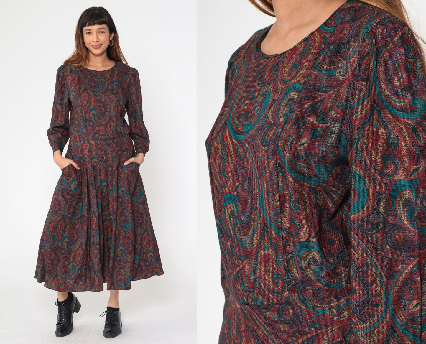 80s Paisley Midi Dress Puff Sleeve Drop Waist Pleated Pockets Medium