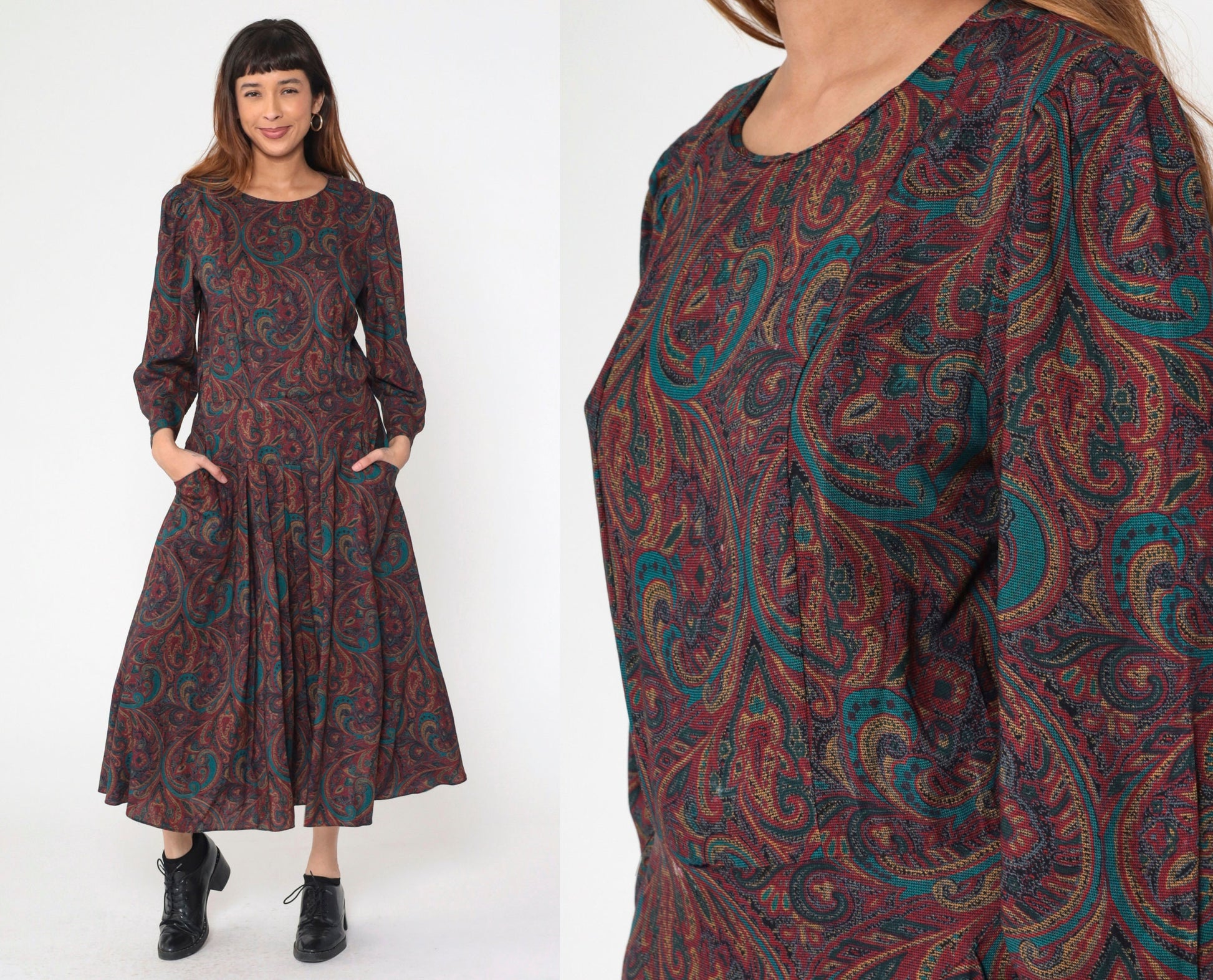 80s Paisley Midi Dress Puff Sleeve Drop Waist Pleated Pockets Medium
