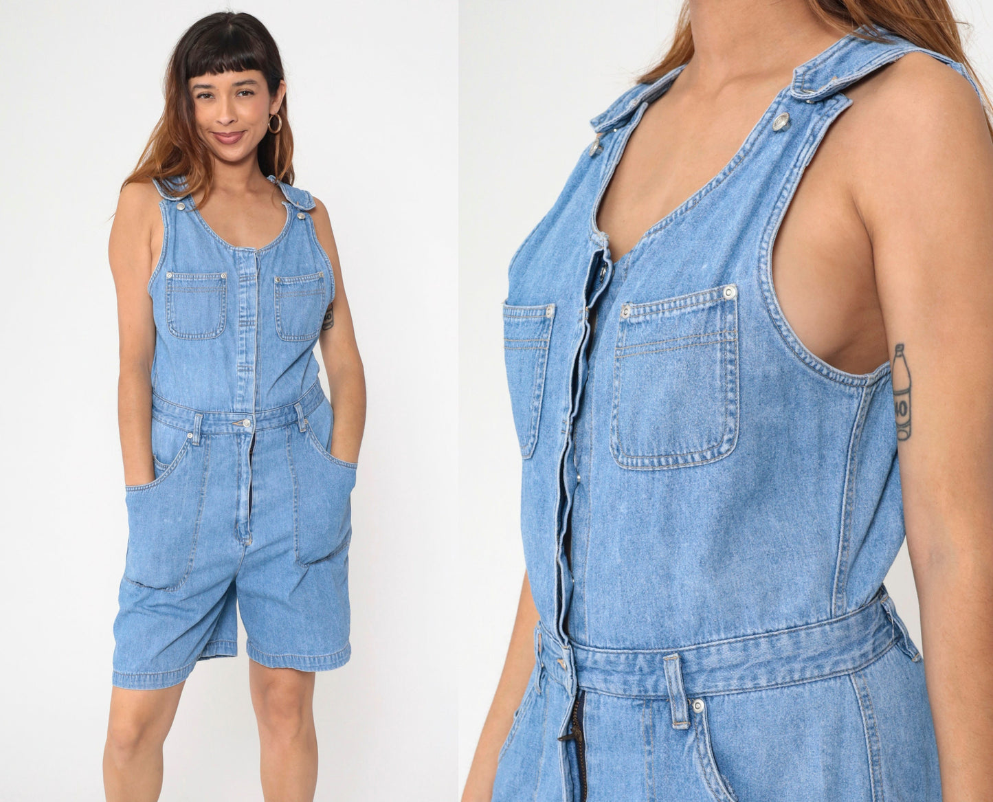 90s Gloria Vanderbilt Denim Romper Playsuit Utility Pockets Sleeveless Small