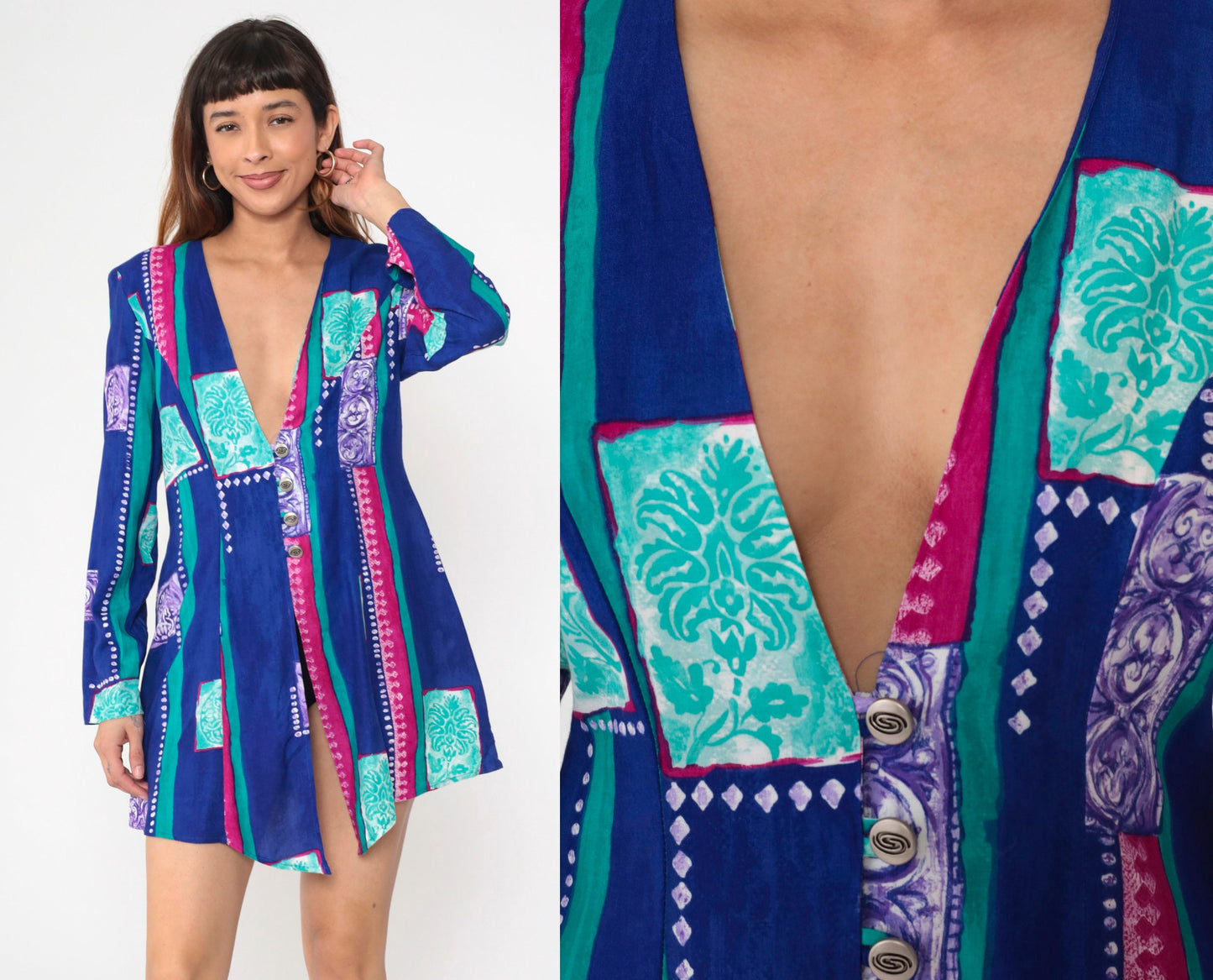 90s Anthony Mark Hankins Floral Striped Button-Up Blouse Deep V Neck Blue Medium