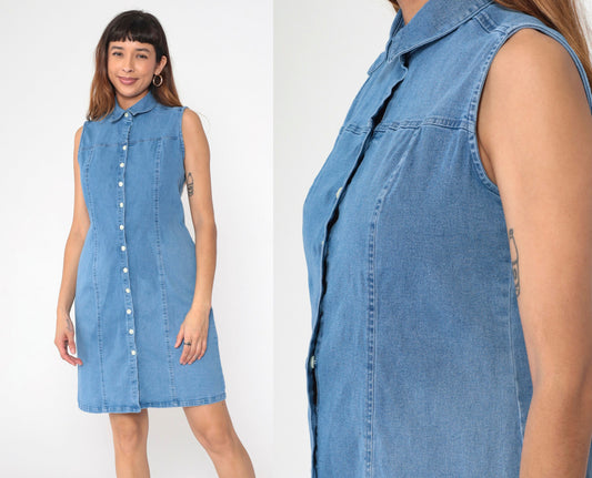 90s Charter Club Denim Mini Dress Button-Up Sleeveless Sheath Blue Medium Petite
