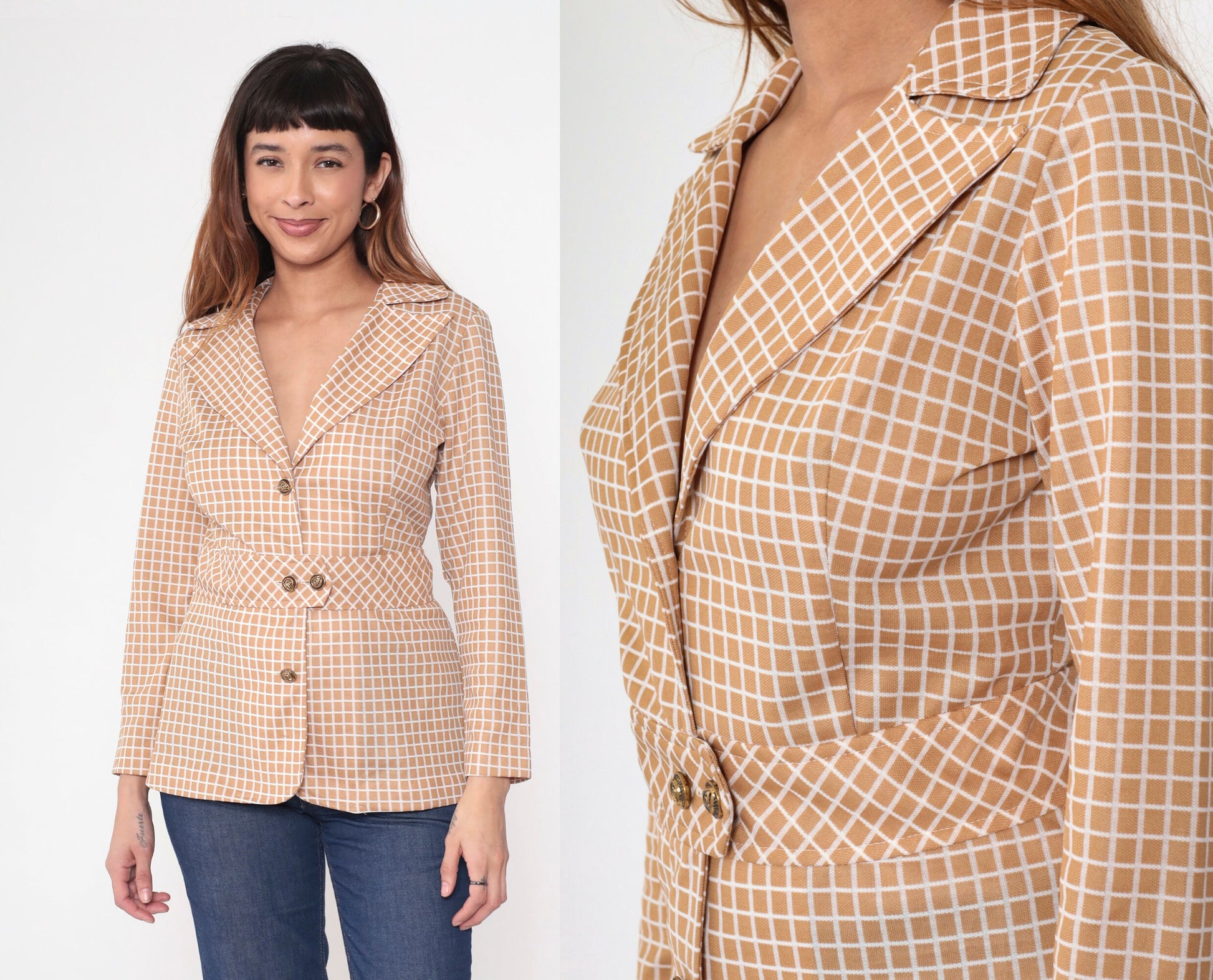 70s Tan Checkered Blazer Windowpane Button-Up Jacket Small