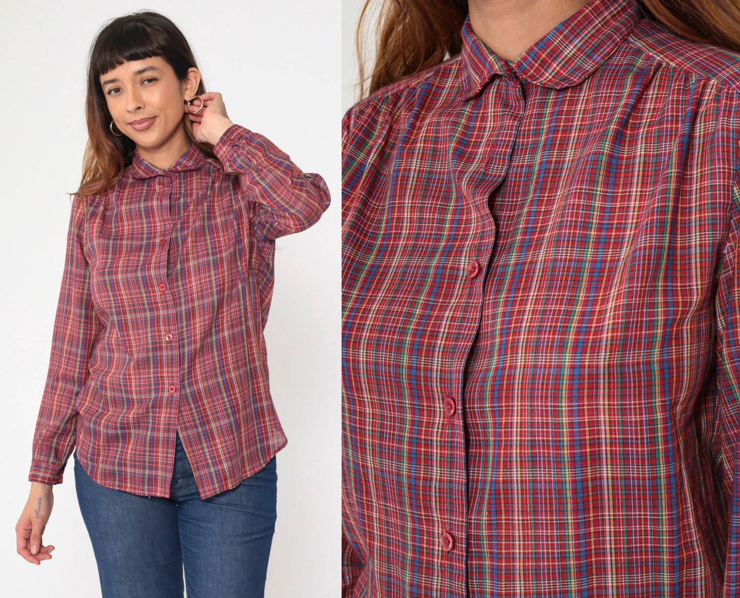 70s Plaid Button-Up Shirt Multicolored Tartan Collared Long Sleeve Small S
