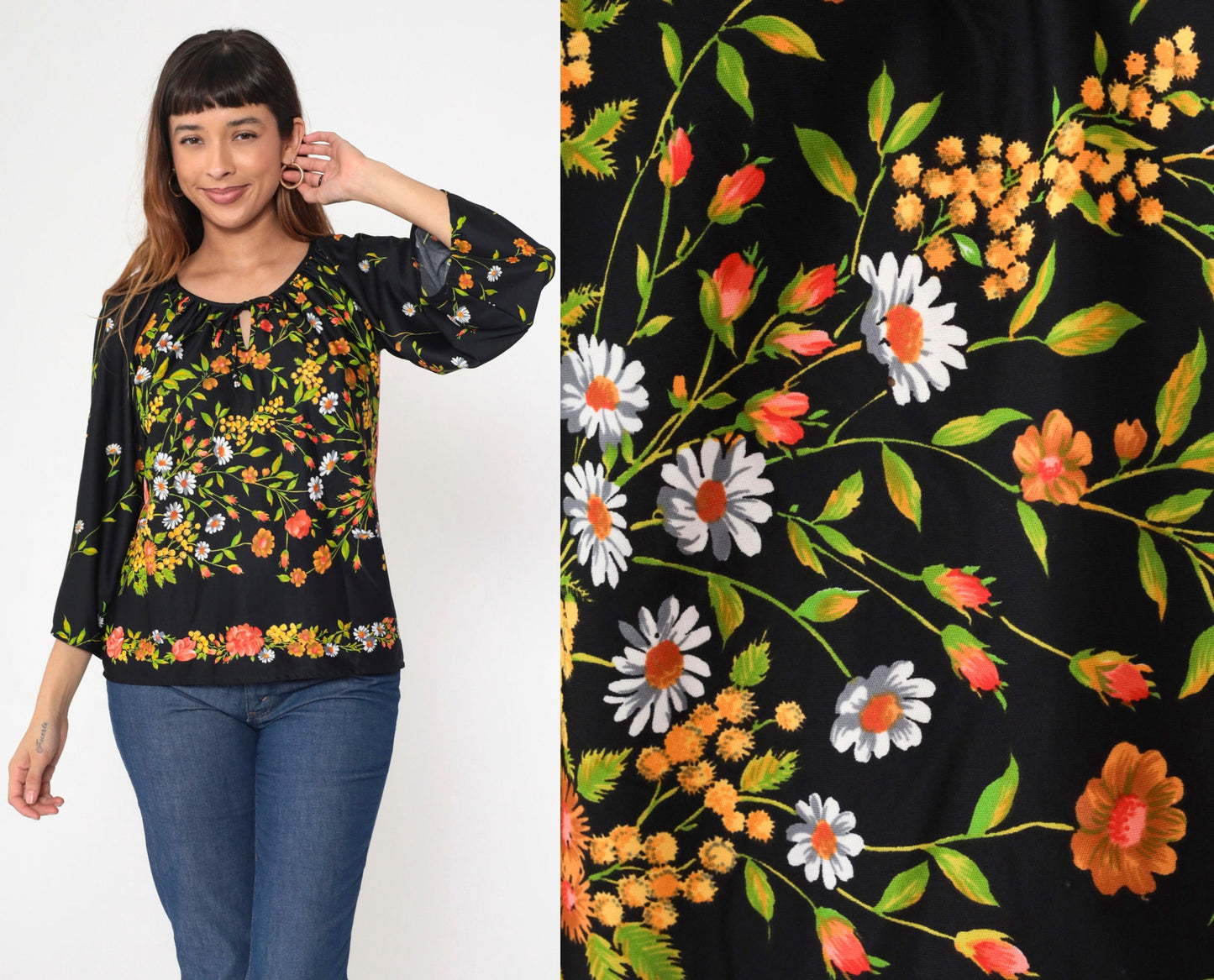 70s Teddi Of California Floral Blouse Black Bell Sleeve Keyhole Neck Medium Large
