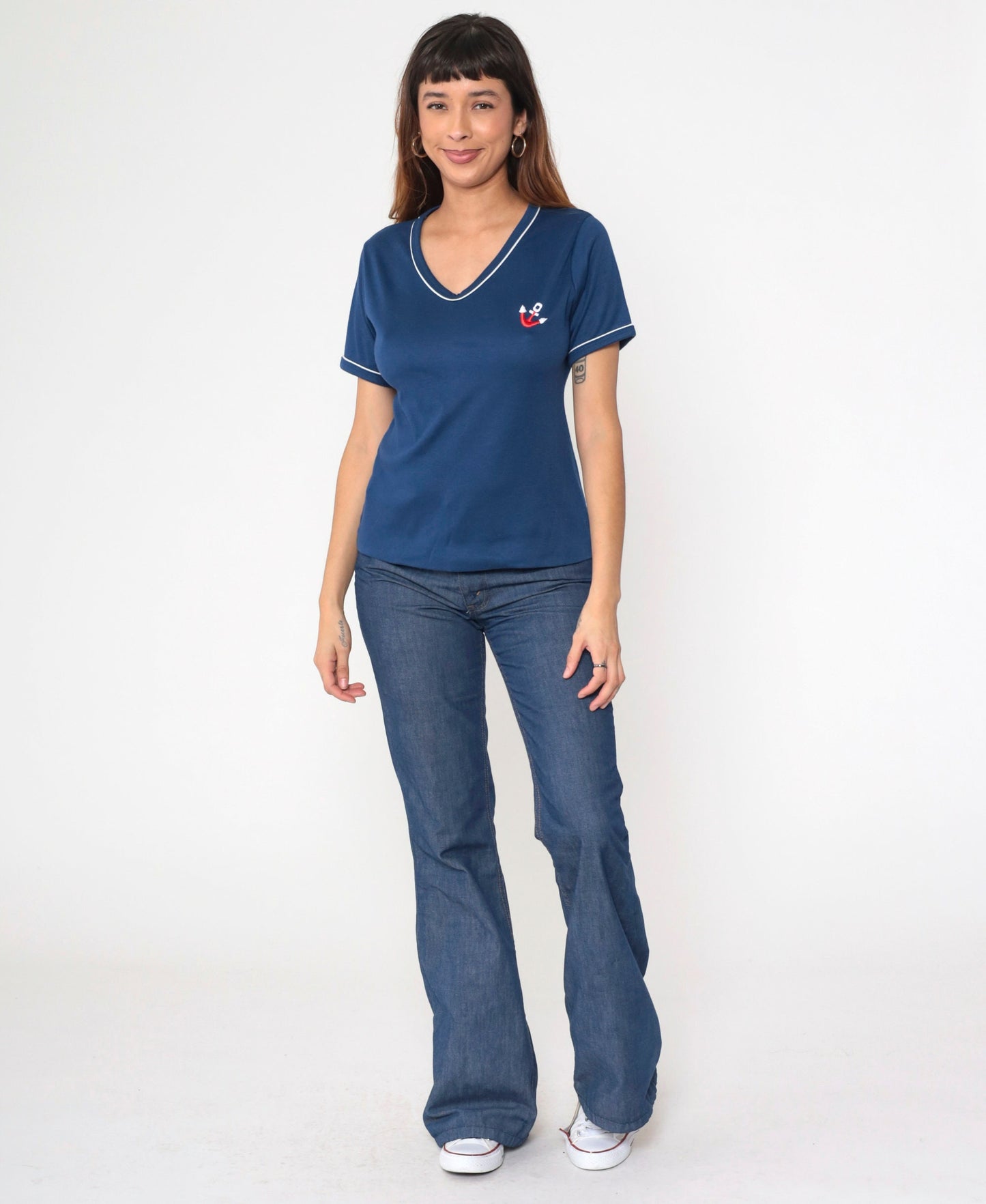 80s Navy Anchor Embroidered Ringer T-Shirt White Trim Small