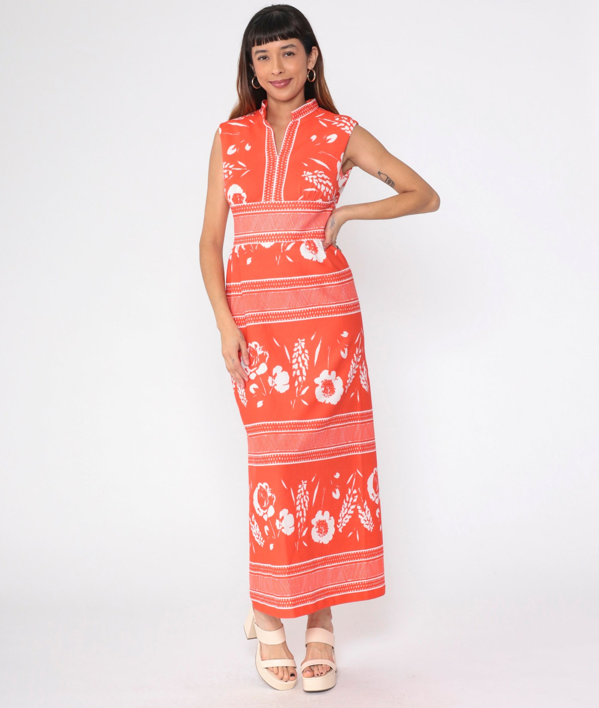 70s Orange Striped Floral Maxi Dress High Waist Mandarin Collar Small