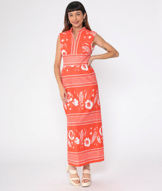 70s Orange Striped Floral Maxi Dress High Waist Mandarin Collar Small