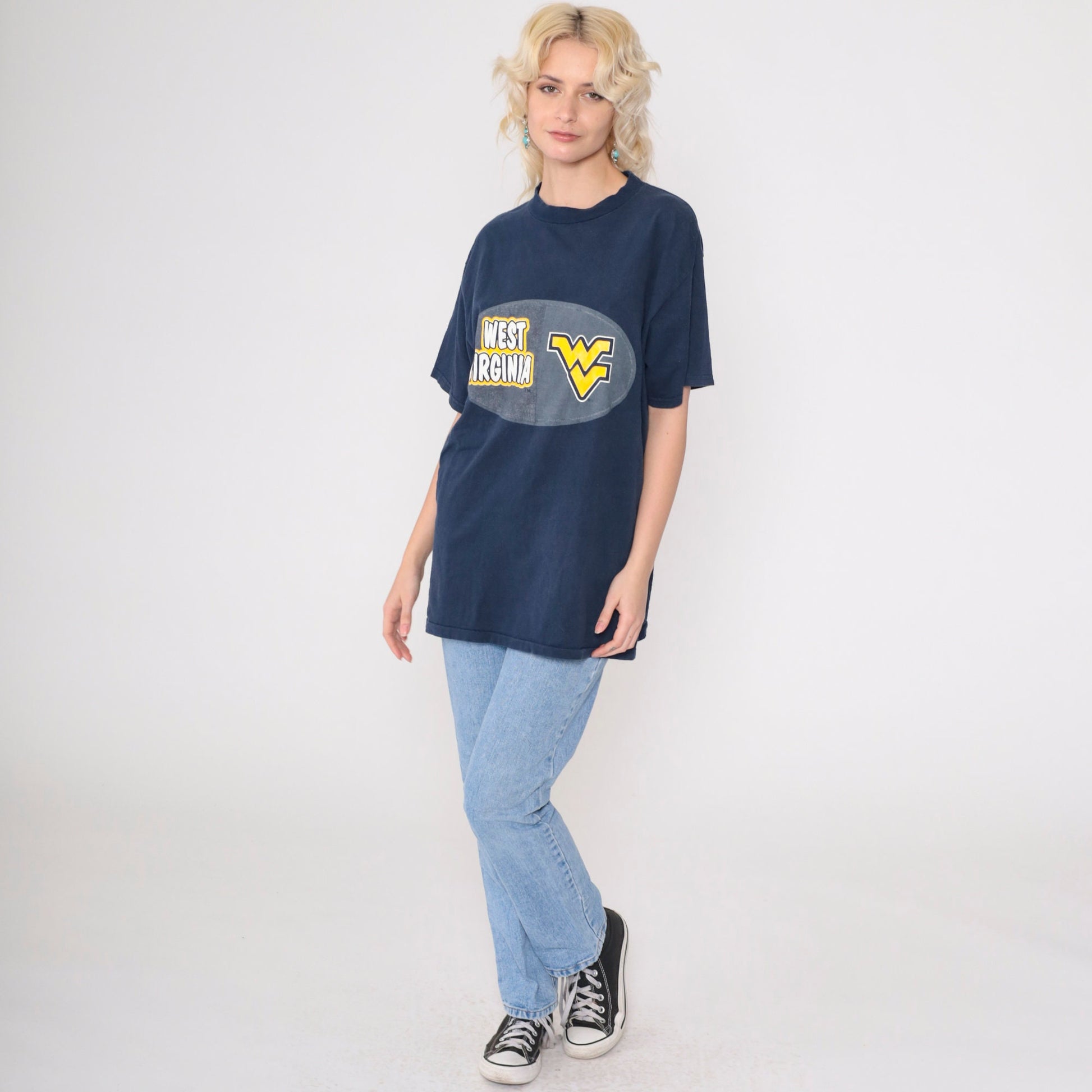 90s West Virginia University Mountaineer Graphic T-Shirt Navy Medium