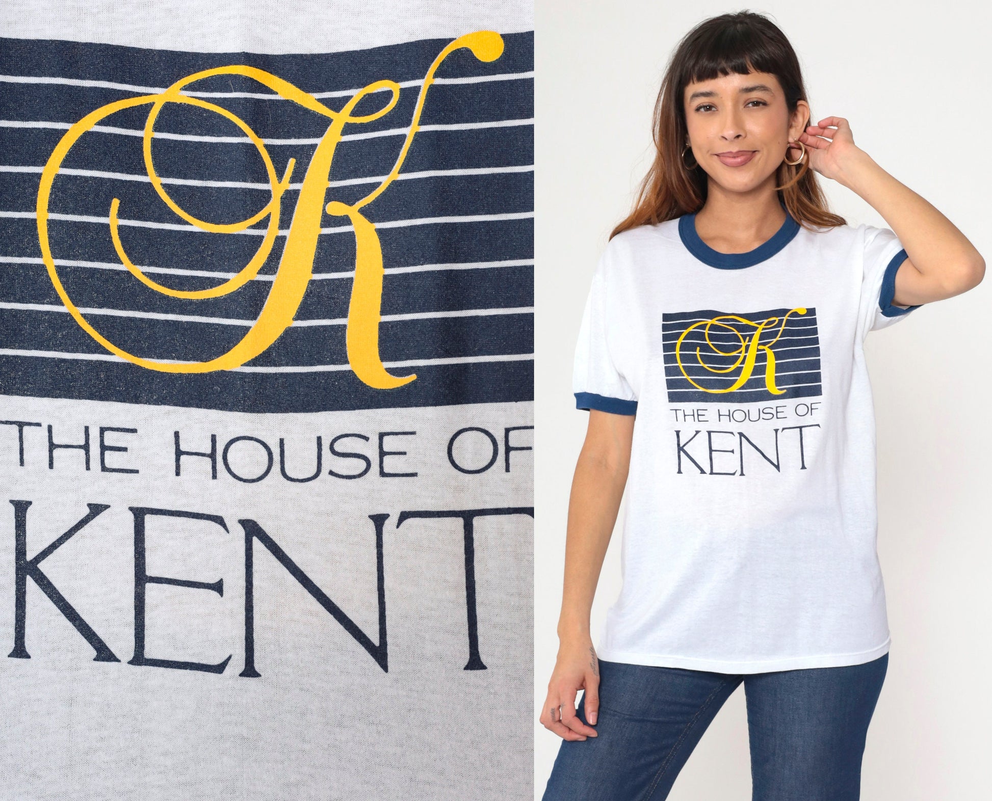 80s House of Kent Ringer Tee White Blue Trim Graphic T-Shirt Medium